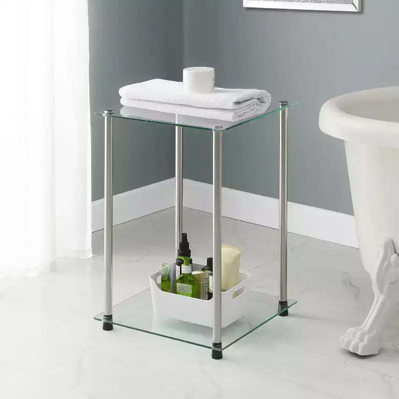 HomeStock Belmont Glass 2 Tier Square End Table, Modern Accent Side Table with Tempered Glass Shelves and Stainless Steel Frame