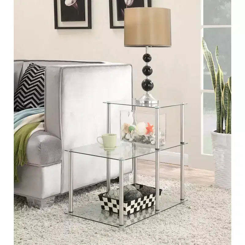 HomeStock Belmont Glass Step End Table, Modern 3 Tier Accent Side Table with Tempered Glass Shelves for Display and Storage Needs