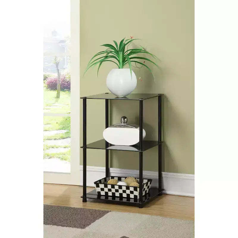 HomeStock Belmont Tall Glass 3 Tier End Table, Sleek Contemporary Accent Side Table with Glass Shelves for Storage and Display