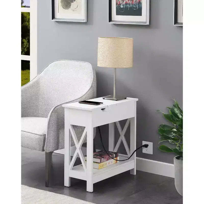 HomeStock Belmont Flip Top End Table with Charging Station, Hidden Storage, Two USB Ports and Outlets, Compact Accent Table for Living Room Use