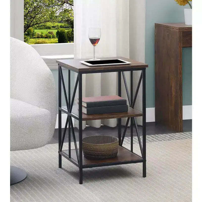 HomeStock Belmont End Table with Three Shelves, Crisscross Metal Frame and Woodgrain Finish, Modern Accent Storage Table for Living Room