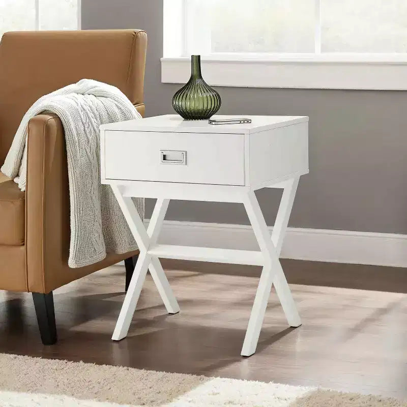 HomeStock Belmont End Table with Large Trunk Drawer and Smooth Surface Top, Modern Storage Side Table for Concealed Living Room Essentials