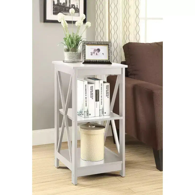 HomeStock Belmont End Table with Three Open Shelves and X Frame Sides, Transitional Storage Accent Side Table for Display and Home Essentials