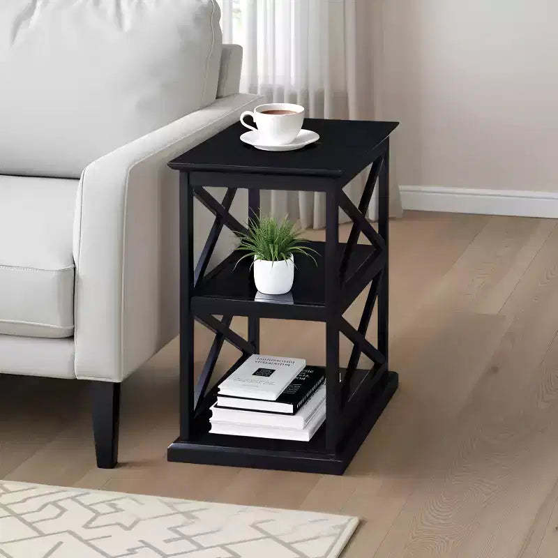 HomeStock Belmont Chairside End Table with Shelves Stylish Double X Frame Three-Tier Storage Accent Table for Transitional Home Dcor