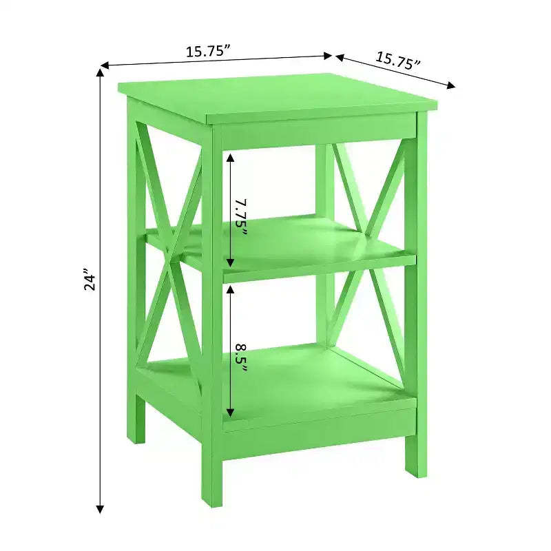 HomeStock Belmont End Table with Spacious Three Tier Shelves and X Frame Sides, Modern Accent Side Table for Living Room or Bedroom Storage