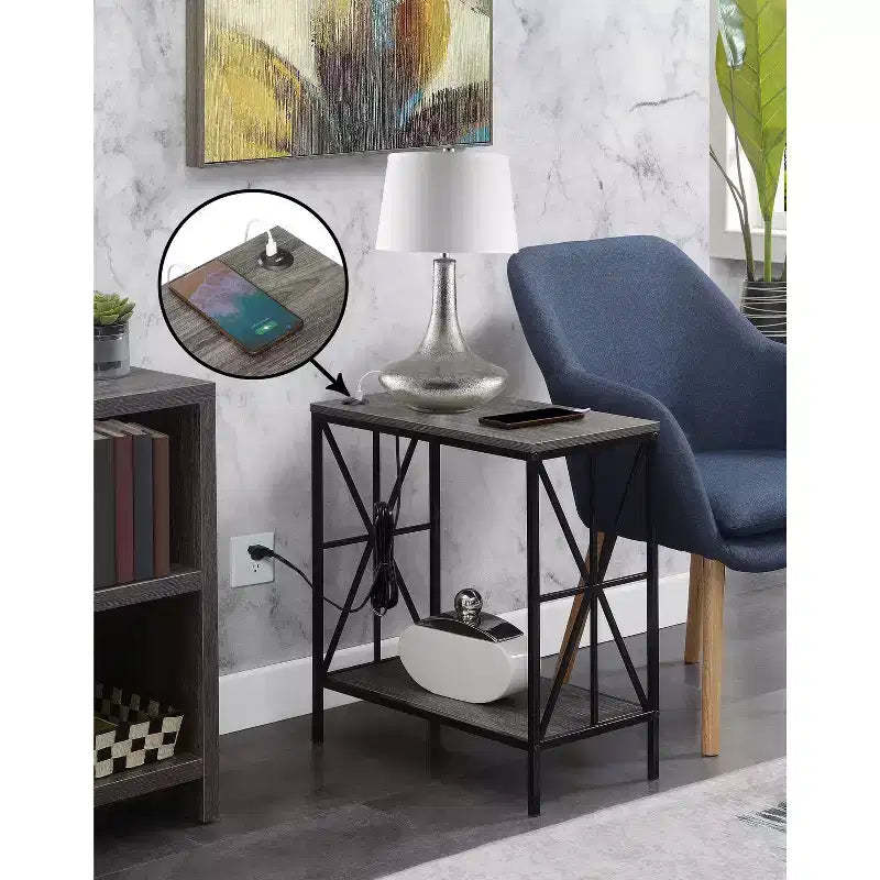 HomeStock Belmont Chairside End Table with Charging Station and Shelf, Two USB Ports, Stylish Crisscross Frame Accent Table for Bedroom Dcor