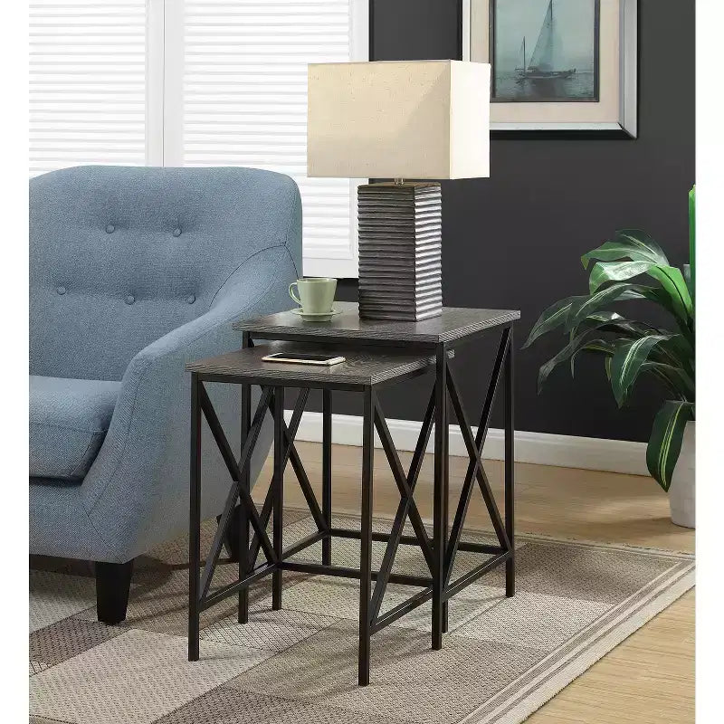 HomeStock Belmont Durable Nesting End Tables with Rustic Woodgrain Top, Powder Coated Metal Frame and Functional Space Saving Style