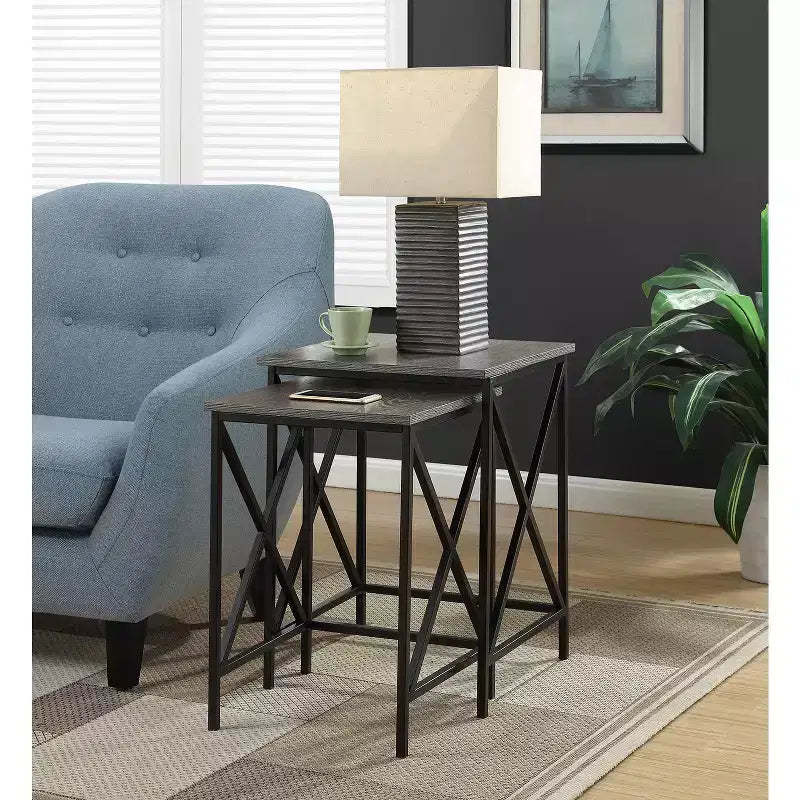 HomeStock Belmont Durable Nesting End Tables with Rustic Woodgrain Top, Powder Coated Metal Frame and Functional Space Saving Style