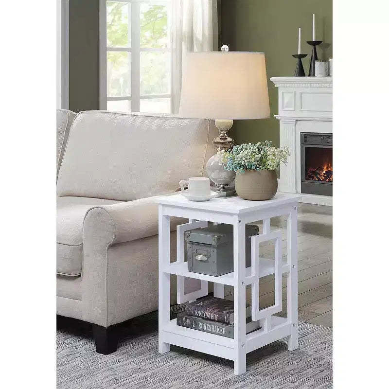 HomeStock Belmont Square End Table with Large Surface and Two Open Shelves, Symmetrical Frame Design, MDF Accent Side Table for Home Use