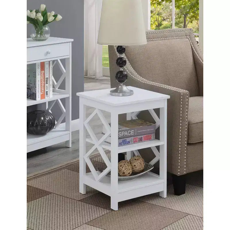 HomeStock Belmont Diamond End Table with Stylish Geometric Frame, Three Shelves for Display and Storage, Modern Side Table for Bedroom or Den