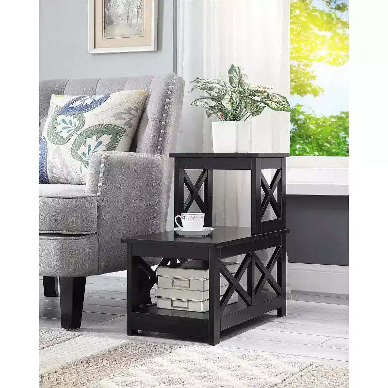 HomeStock Belmont 2 Step Chairside End Table with Contemporary L Shaped Frame, Three Tier Storage Shelves, Compact Accent Side Table for Homes