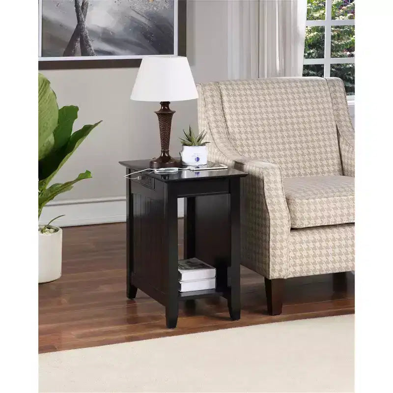 HomeStock Belmont End Table with Open Charging Station, 2 Outlets, 2 USB Ports and Storage Shelf, Functional Accent Table for Any Room