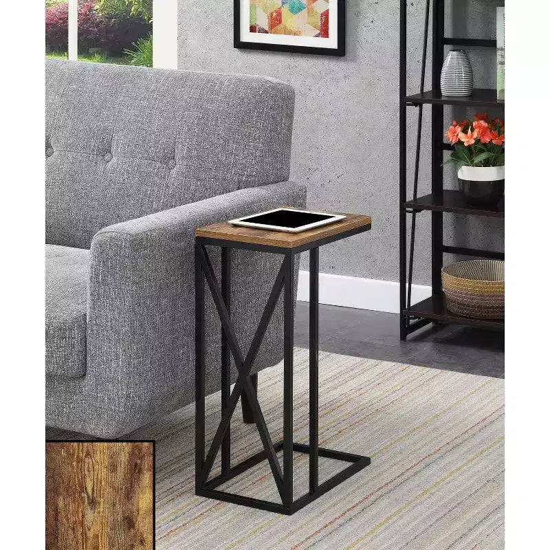 HomeStock Belmont C End Table with Modern C Frame Design, Particleboard Top and Metal Base for Snacks, Drinks or Laptop