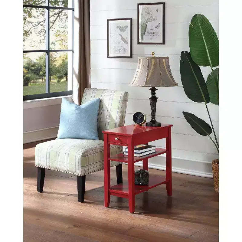 HomeStock Belmont Three Tier End Table with Hidden Storage Drawer and Open Shelves, Compact Transitional Side Table for Living Room Storage