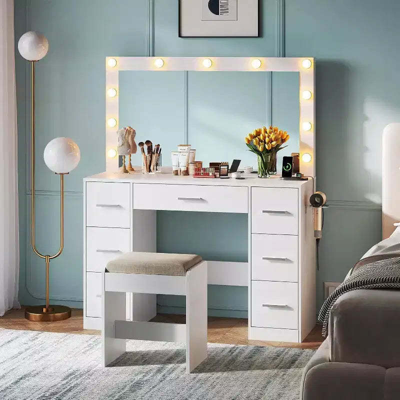 GALAXHERO Vanity Desk with LED Mirror, Power Outlets & 7 Drawers - Includes Stool for Bedroom Dressing Room,White