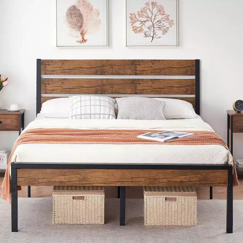 Metal Queen Bed Frame with Wooden Headboard & Footboard No Box Spring Needed, Under-Bed Storage