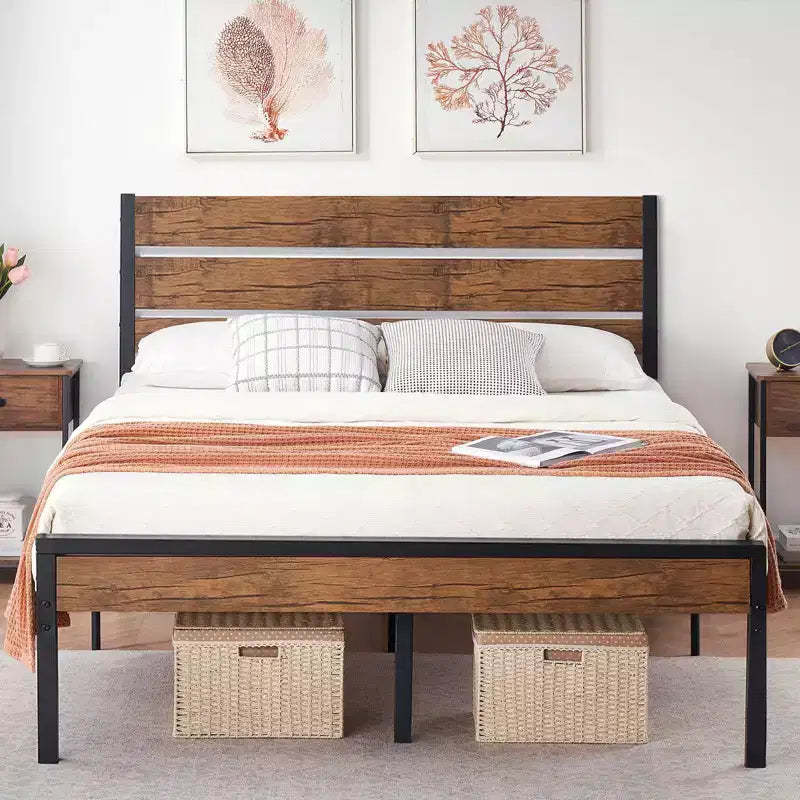 Metal Queen Bed Frame with Wooden Headboard & Footboard No Box Spring Needed, Under-Bed Storage