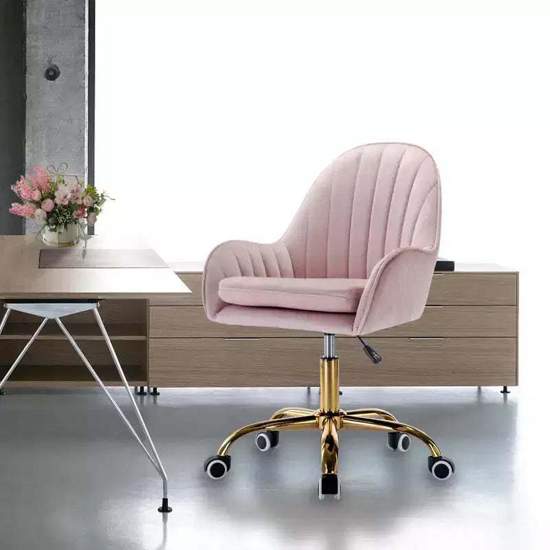 Okak Velvet Office Chair, Cute Desk Chair with Golden Metal Base, Vanity Chair for Living Room, Vanity Room, Study, Pink