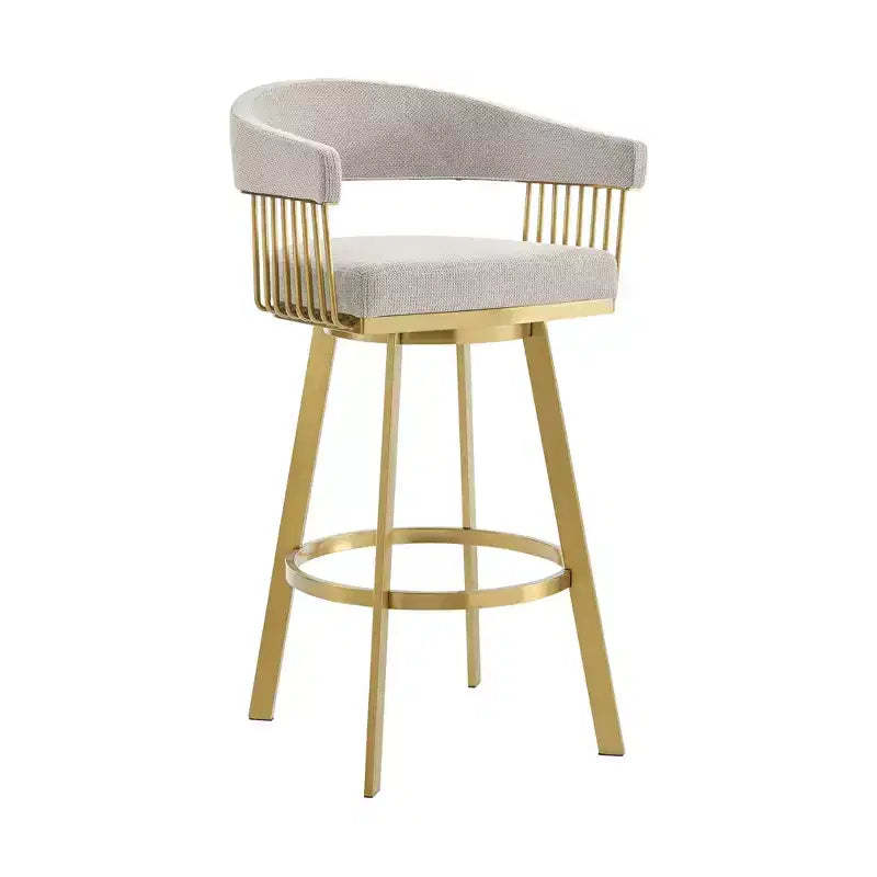 HomeRoots 26 Taupe and Gold Fabric and Stainless Steel Low Back Counter Height Swivel Bar Chair