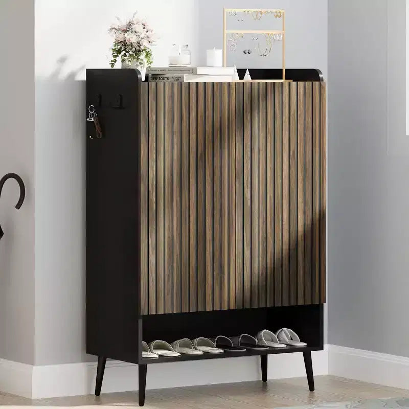 6-Tier Shoe Storage Cabinet Large Capacity Organizer with Boot Section Convenient Hooks for Modern Entryways Brown Black