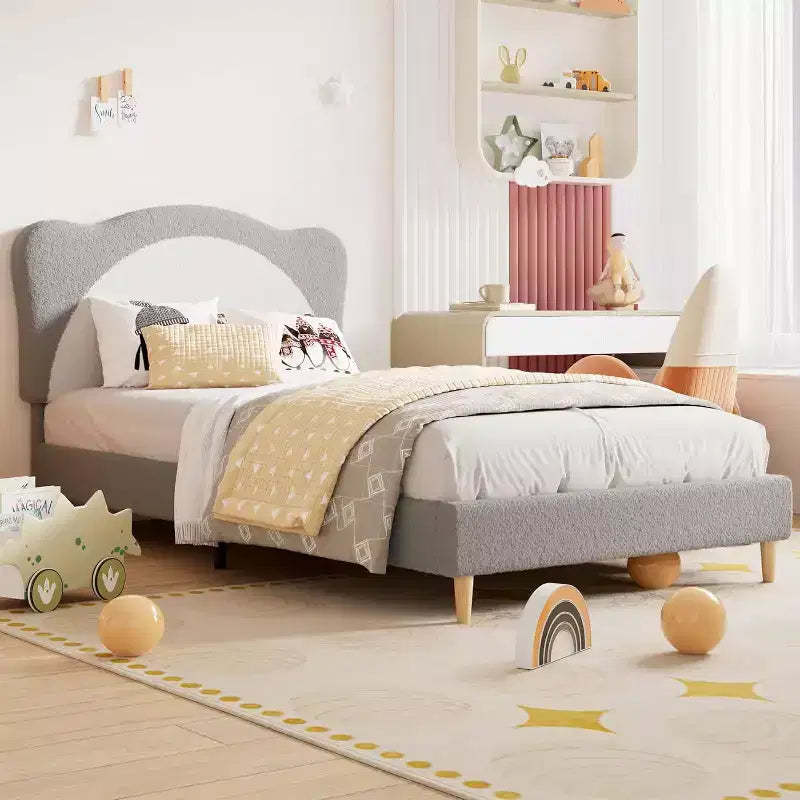 Twin Size Bed Frame for Kids - Cute Velvet Princess Platform Bed with Upholstered Headboard for Kid, Solid Wood Slats Support, No Box Spring Needed
