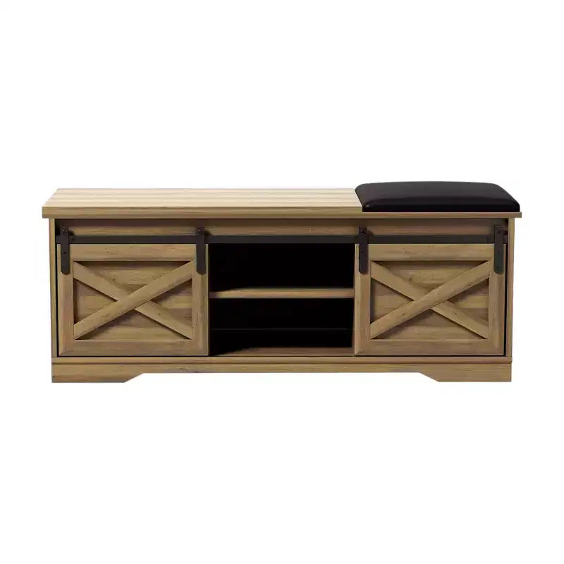 HomeRoots 47 Black and Natural Faux Leather And Wood Bench With Shoe Storage And Shelves