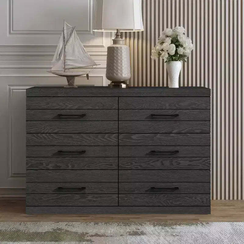 Galano Hamsper 6 Drawer Dresser (Interlock) - Dark Grey Oak