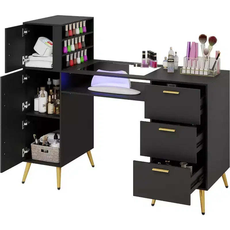 ELECWISH Portable Nail Desk with Drawers, Manicure Table Nail Desk for Nail Teck w/Glass Top and Wrist Rest, Nail Station Desk Metal Handles & Legs