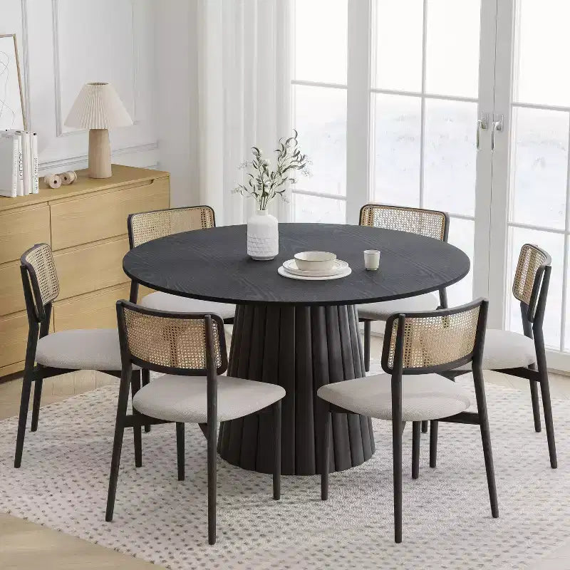 PexFix 52 Solid Wood Round Dining Table Kitchen Table for 4-6 with Tabletop & Textured Tapered Base for Living/Dining Room Coffee Office Black