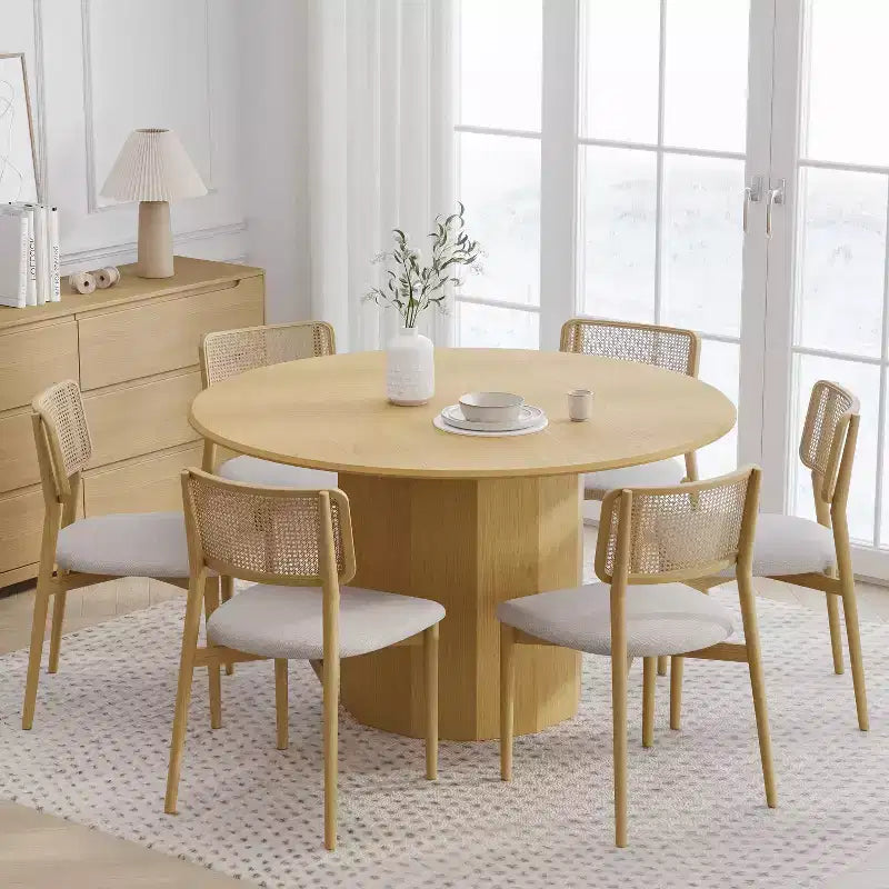 PexFix 52 Wood Round Dining Table Kitchen Table for 4-6 with Arc-Shaped Edge Top & Cylindrical Pedestal for Living/Dining Room Coffee Office Natural
