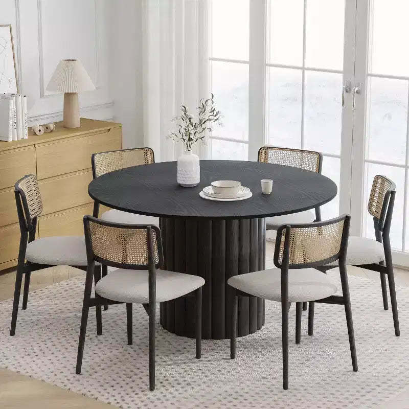 PexFix 52 Solid Wood Round Dining Table Kitchen Table for 4-6 with Tabletop & Textured Cylindrical Base for Living/Dining Room Coffee Office Black
