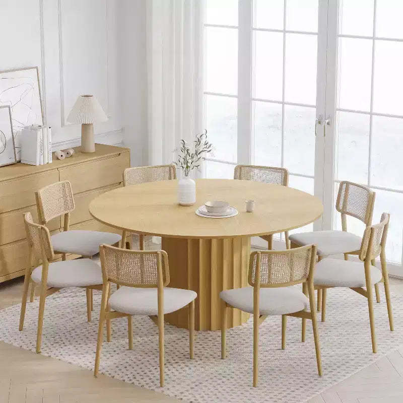 PexFix 60 Solid Wood Round Dining Table Kitchen Table for 6-8 with Tabletop and Fluted Cylindrical Base for Living/Dining Room Coffee Office Natural