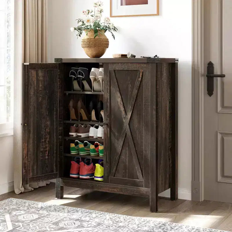 Farmhouse 5-Tier Shoe Cabinet Wooden Shoes Rack Organizer w/Doors for Entryway