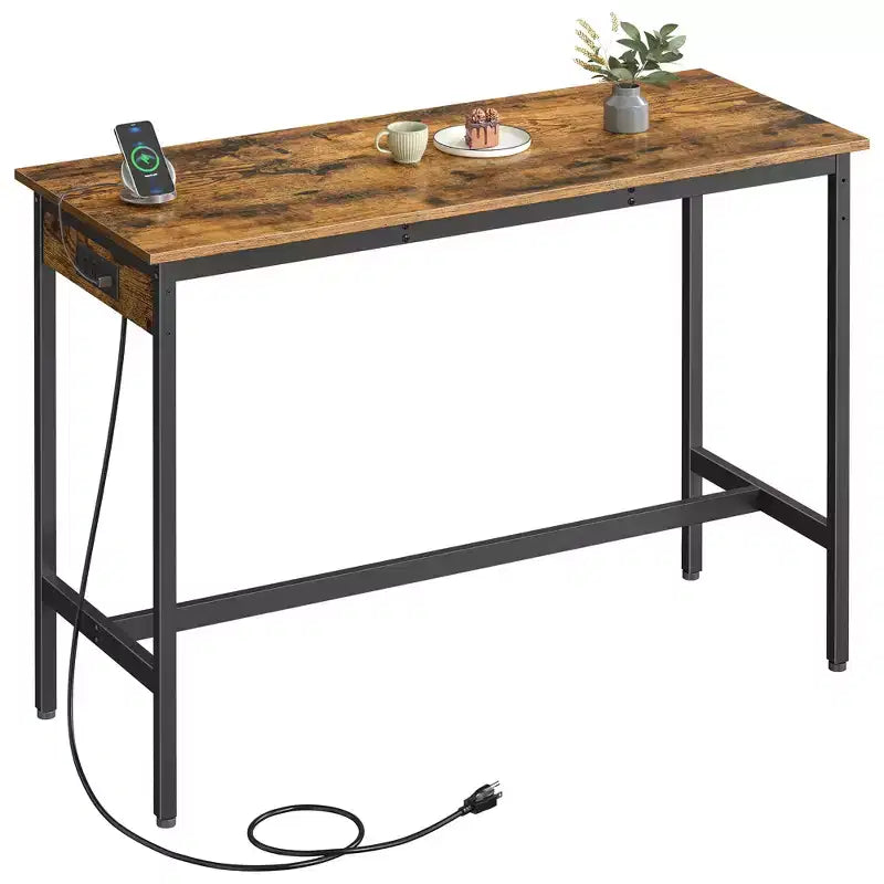Narrow Industrial Bar Table with Built-in Charging Station, 15.7x47.2 Inch Kitchen Dining Table with USB Ports and Power Strip, Rustic Brown and Black
