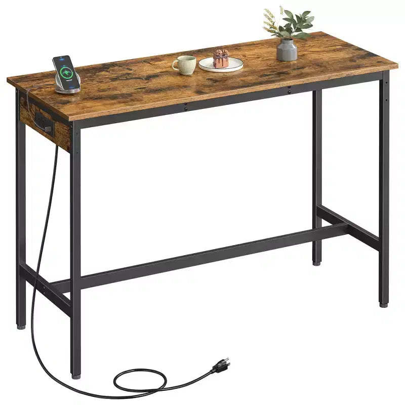 Narrow Industrial Bar Table with Built-in Charging Station, 15.7x47.2 Inch Kitchen Dining Table with USB Ports and Power Strip, Rustic Brown and Black