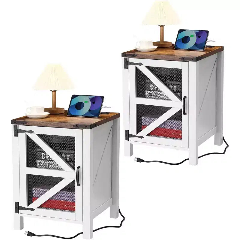 COZONY Set of 2 Nightstands with Charging Station and Barn Door Storage, Farmhouse End Table Sofa Side Table for Bedroom, Living Room