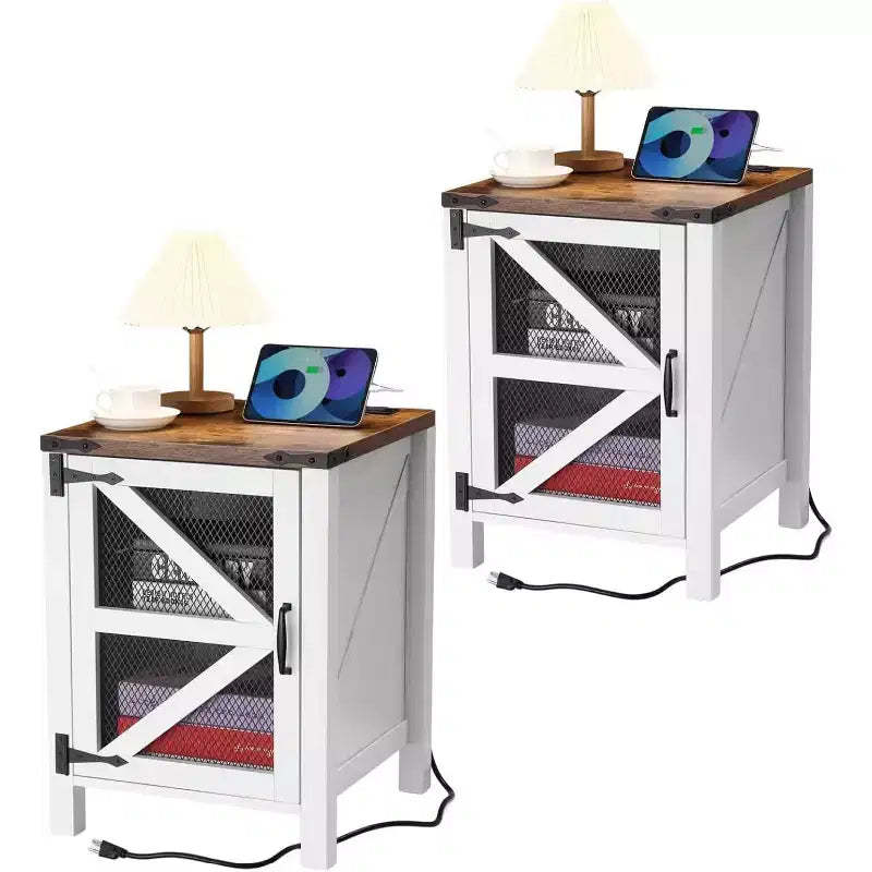 COZONY Set of 2 Nightstands with Charging Station and Barn Door Storage, Farmhouse End Table Sofa Side Table for Bedroom, Living Room
