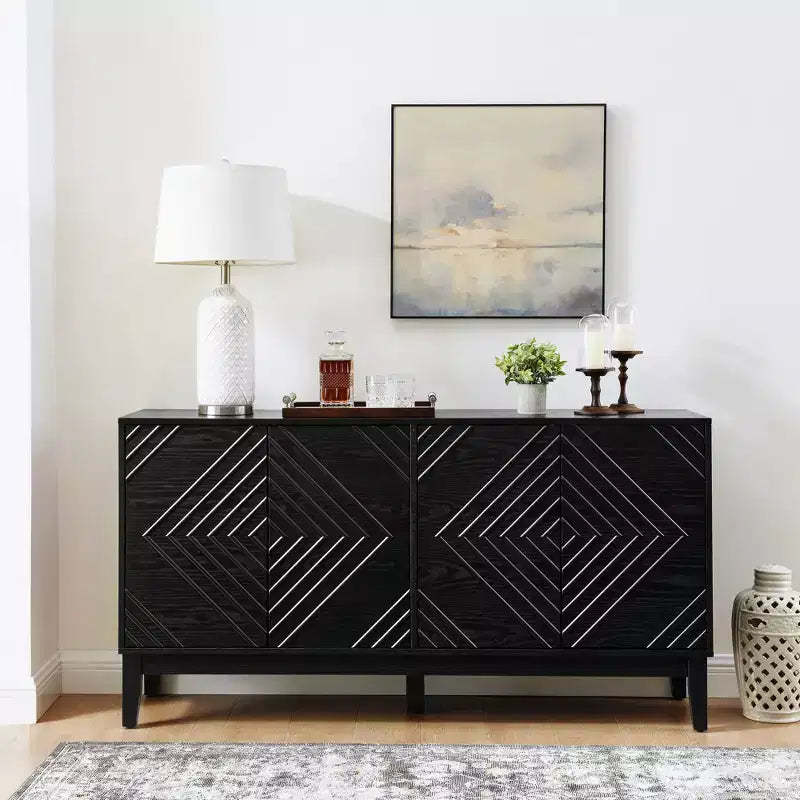 60.5-Inch Buffet Cabinet with Storage, Farmhouse Fluted Sideboard with Geometric Pattern & Adjustable Shelves, TV Stand for Living Room
