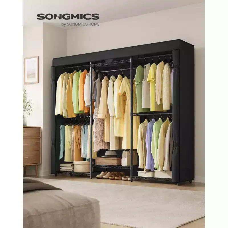 Heavy-Duty Garment Rack with 5 Hanging Rails and 6 Mesh Shelves, 514 lb Capacity Portable Closet, No-Tool Assembly, Ink Black