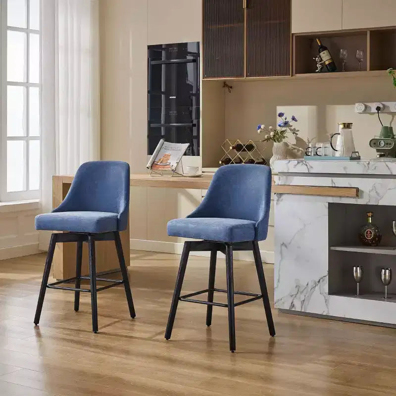 GustoWave 2PC Counter Swivel Barstool, Upholstered Bar Stool with Back & Wood Leg, 360 Swivel Bar Chairs, Blue