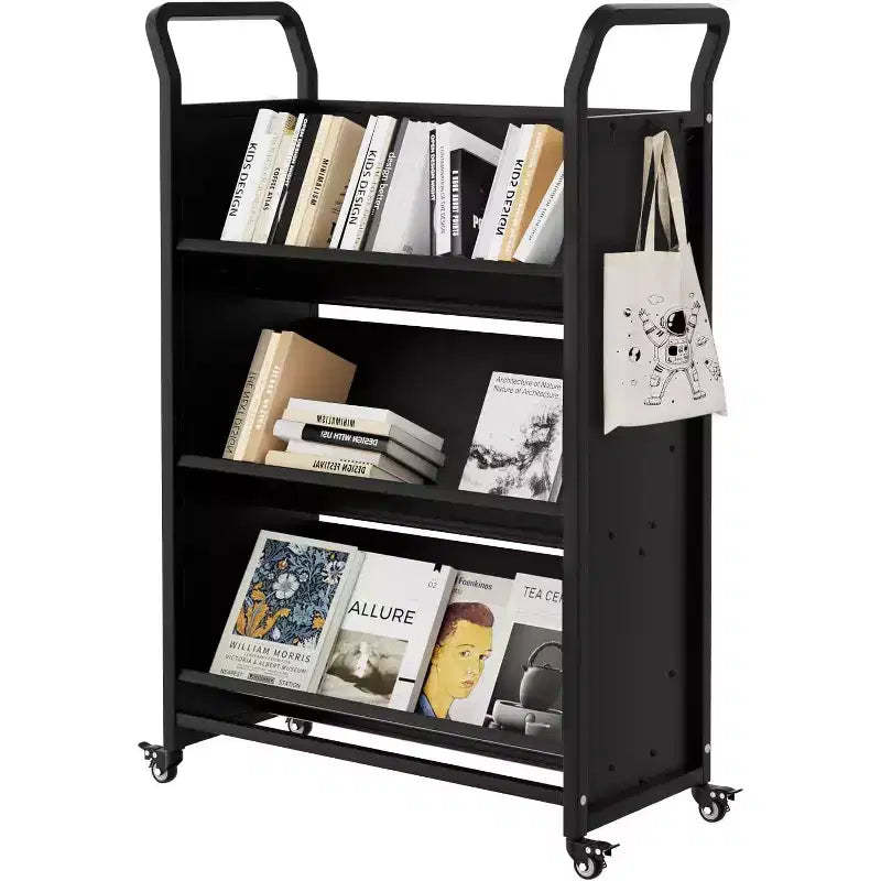 3-Tier Heavy-Duty Rolling Book Cart with Lockable Wheels Metal Storage Organizer with V-Shaped Shelves, Side Hooks, Compact Design for Home, Office