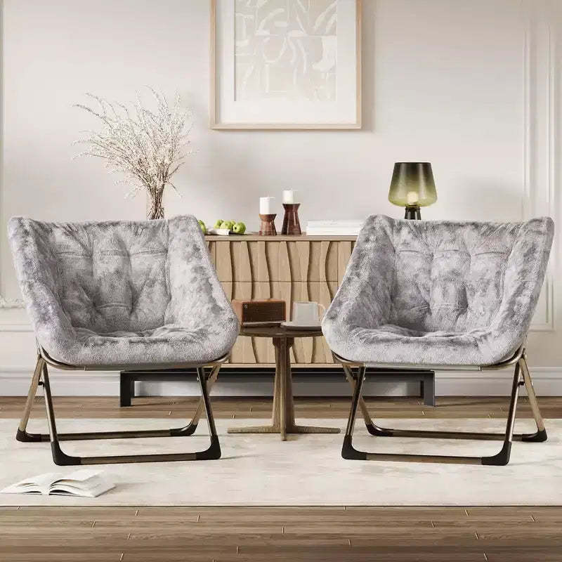 2PCS Comfy Chair for Adults, Foldable Living Room Chairs, Soft Faux Fur Folding Lounge for Bedroom Living Room Dorm Rooms, Flexible Reading Chair