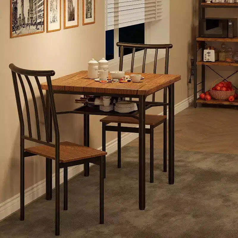 Acekool Dining Table Set for 2 with Wine Rack, 3-Piece Square Kitchen Table and Chairs, Metal Frame, Space-Saving for Small Apartment, Rustic Brown