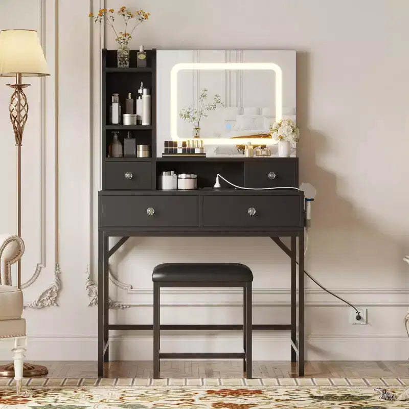 Mirrored Dressing Table Featuring Three-Level Adjustable Lighting Modern Dressing Table with Four Drawers