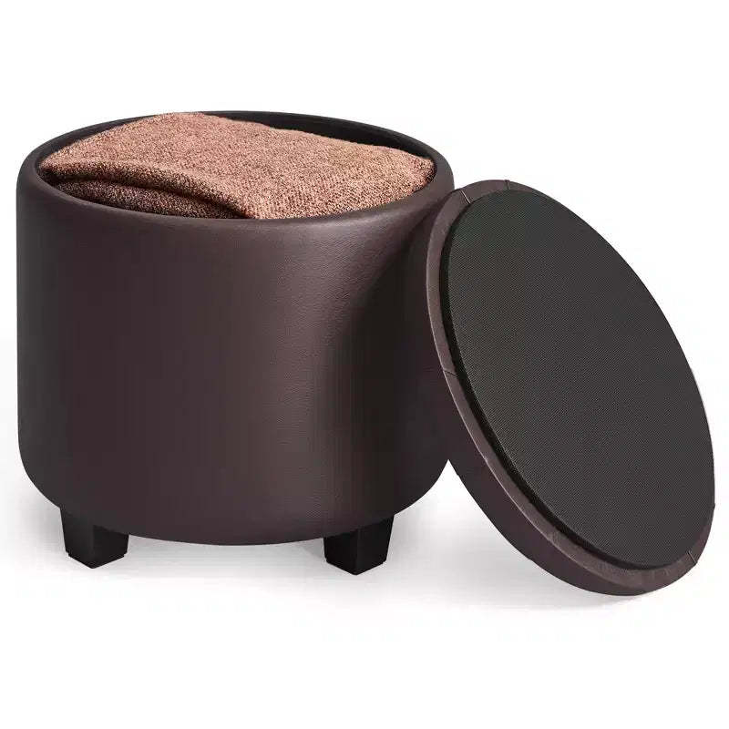 Round Storage Ottoman with 330 lb Capacity, 17.7 Inch Synthetic Leather Footrest Stool for Living Room, Chestnut Brown