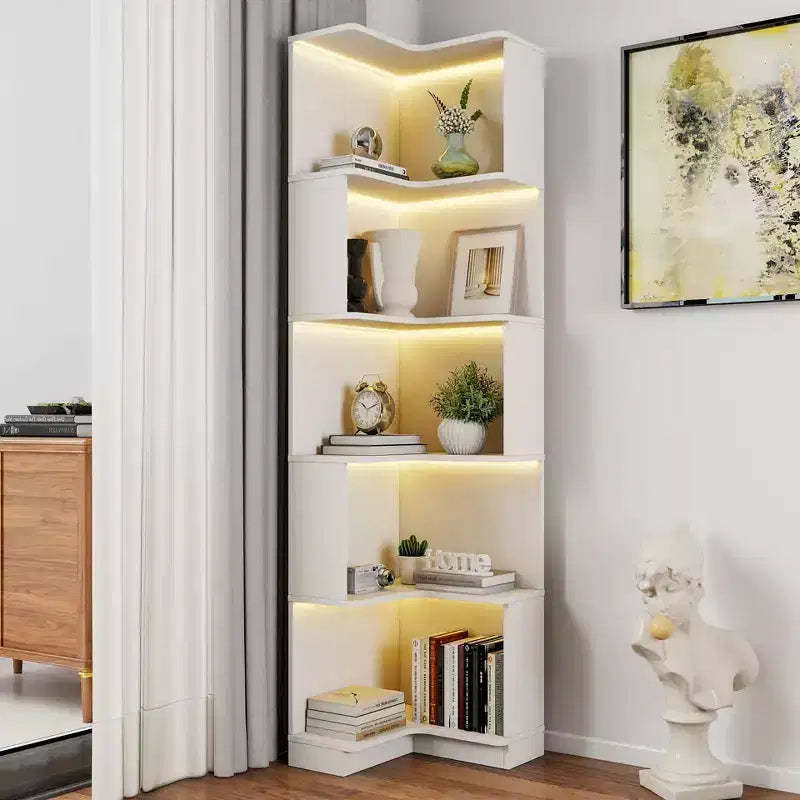 Okak Corner Book Shelf, Storage Shelves with 5 Tier and Baffle, Freestanding L Shaped Storage Organizer for Living Room, Office