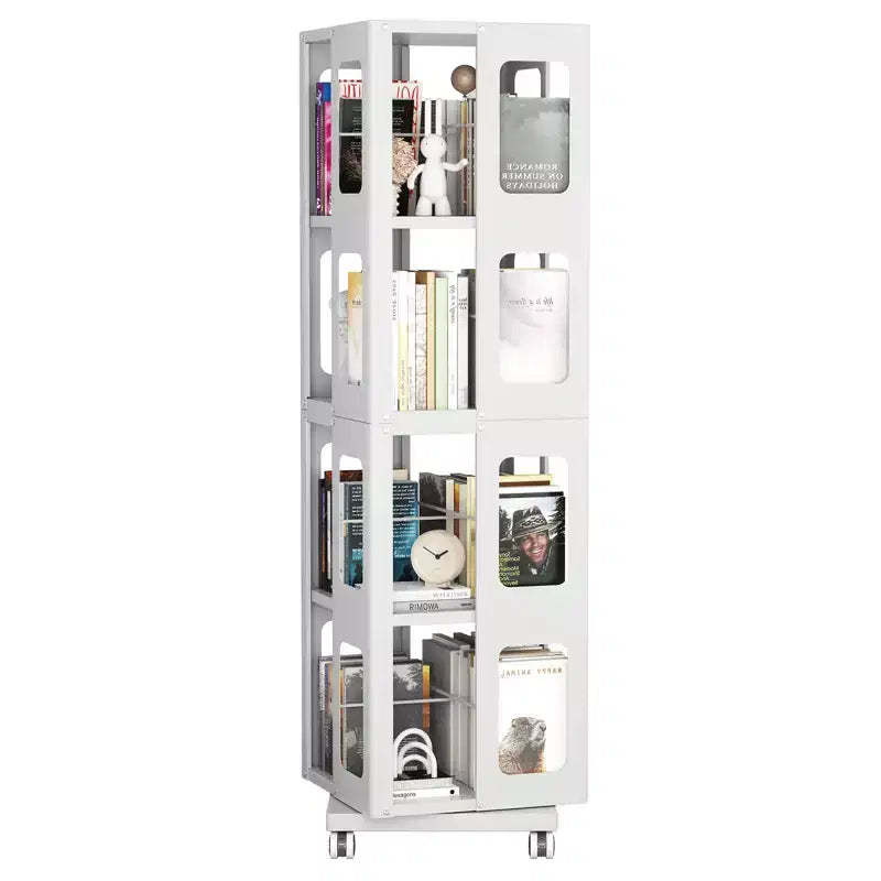 Okak All-Steel Rotating Bookshelf with 360Wheels, Storage Shelves with 4 Tiers, Storage Organizer for Living Room, Hallway, Office