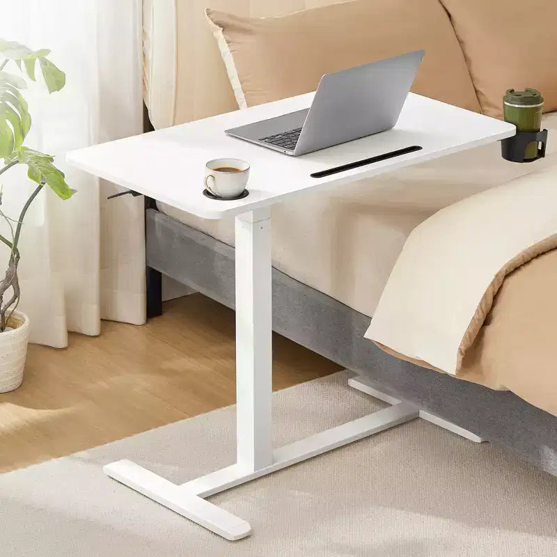 Mobile Overbed Table with Adjustable Height, 31.5x17.7 Inch Rolling Desk with 2 Cup Holders and Device Slot, Cloud White