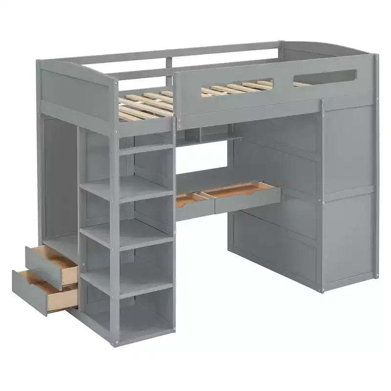 Bellemave Twin Loft Bed with Desk, Wardrobe, Drawers & Shelves, Wooden Space-Saving Bed for Kids, Teens & Adults, Gray