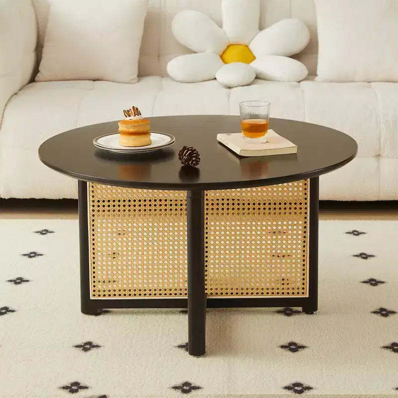 GDFStudio Juliette Mid-Century Modern Rubberwood Rattan Round Coffee Table